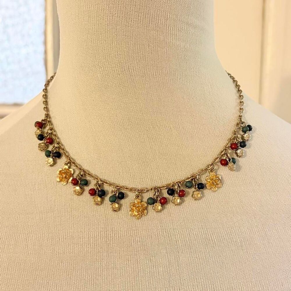 90s Beaded Charm Collar Necklace | Flower Charm Multicolor Beads Gold Chain 16"